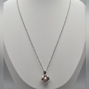 Kissing Dolphins Cage Pendant w/Pink Genuine Pearl Necklace Silver Tone Twist